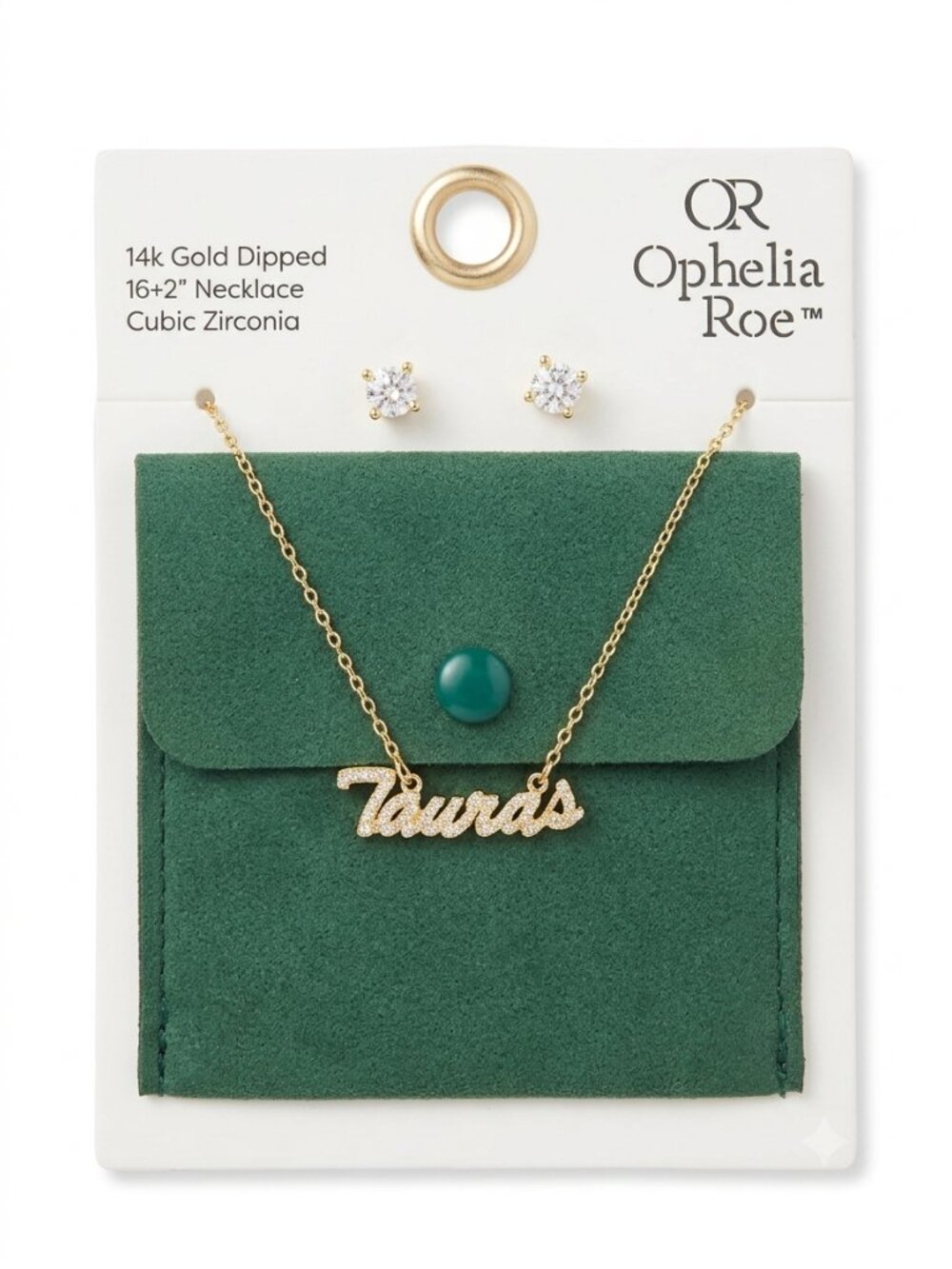 Ophelia Roe Taurus 14k Gold Dipped CZ Script Necklace Stud Earrings Set NWT $30